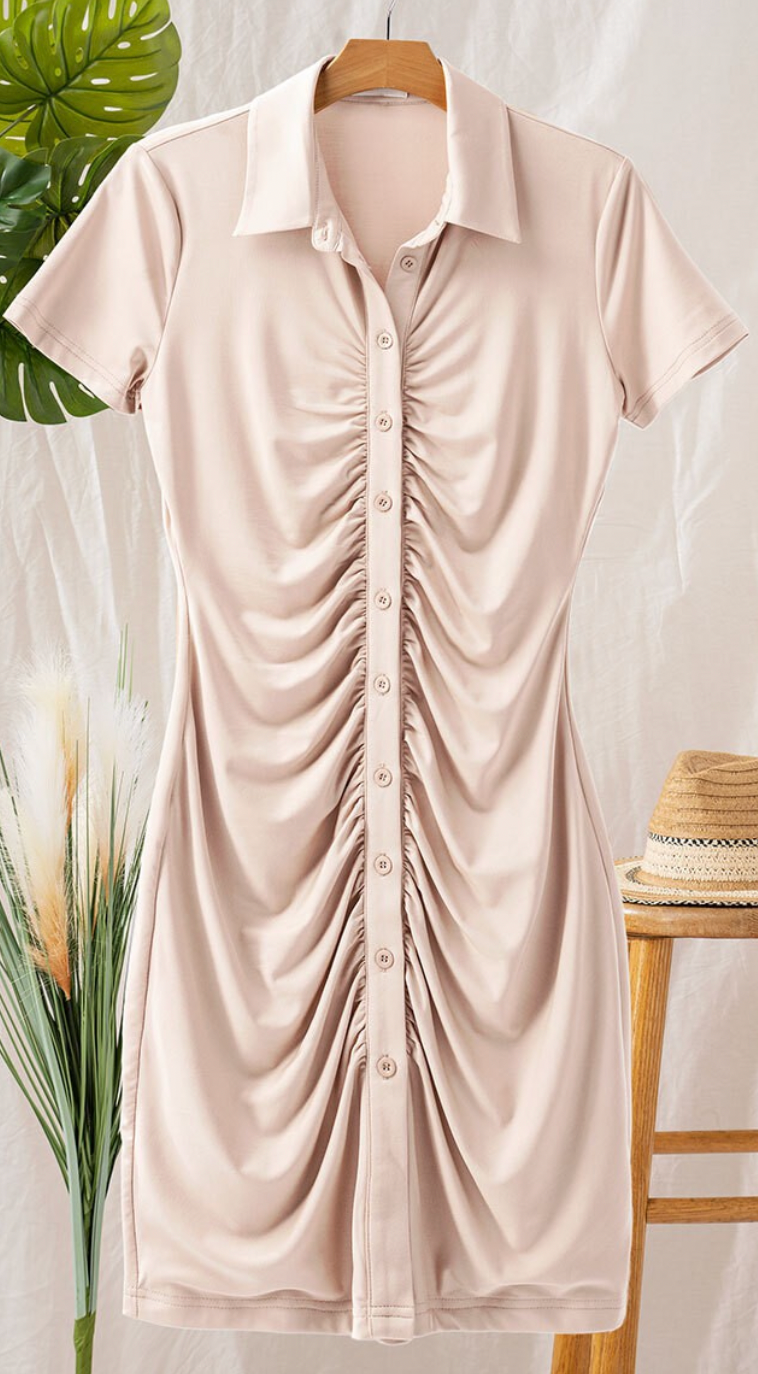 Lori Ruched Button Down Collared Short Sleeve Dress