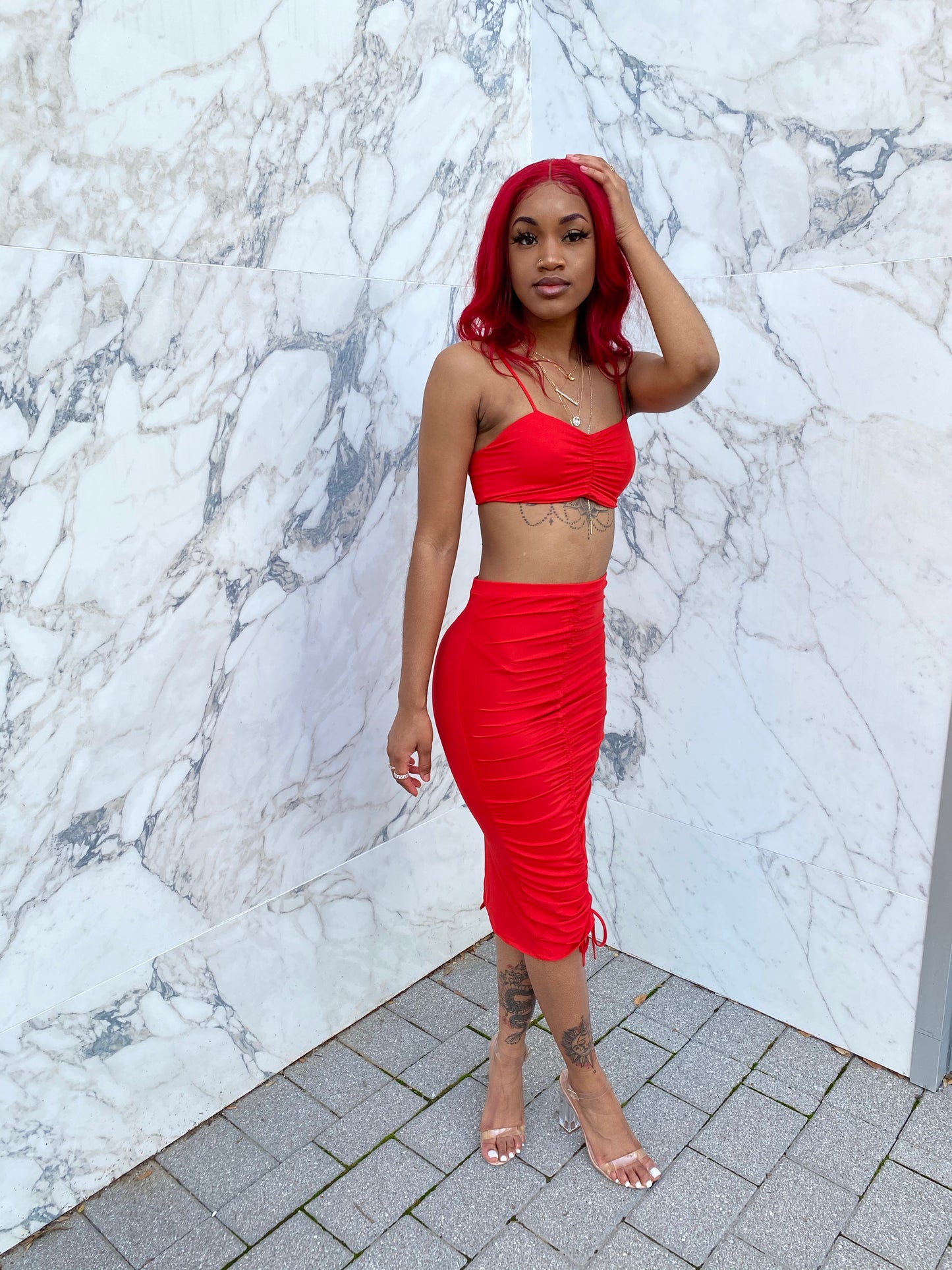 Chels Red Two Piece Skirt Set