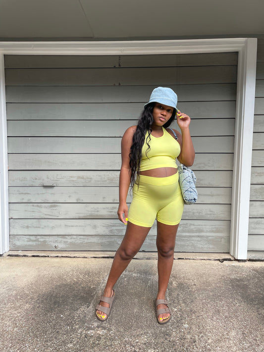 Lela Yellow Ribbed Short Set