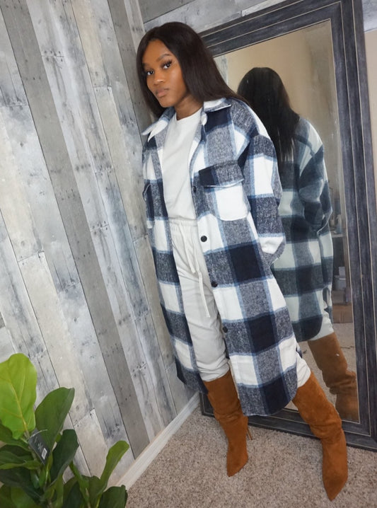 Lexi Long Blue Plaid Over-shirt Jacket (SHIPS 12/10)